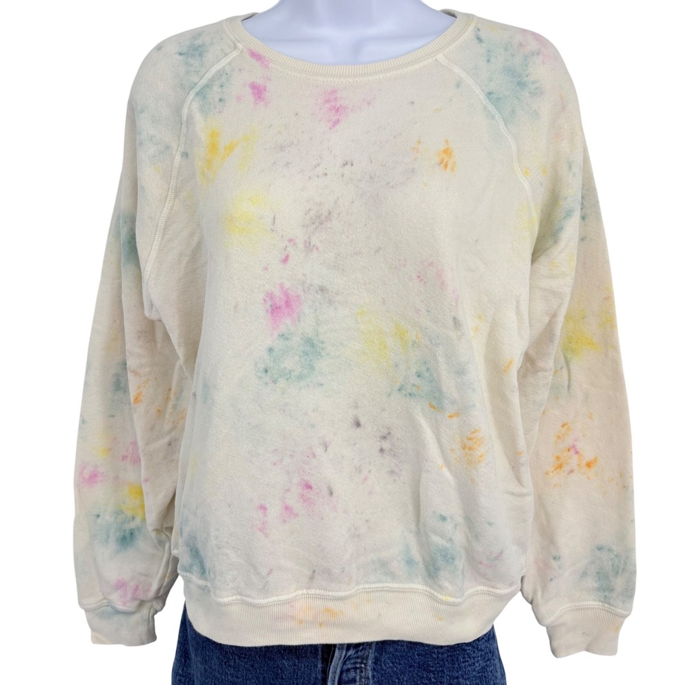 THE GREAT. Cream Tie-Dye Crewneck Sweatshirt with Pastel Pink Yellow Blue